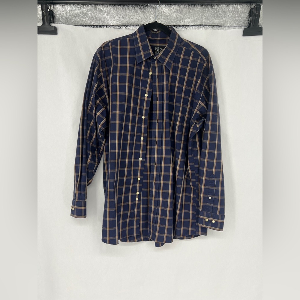 Jos. A. Bank Navy and Tan Plaid Button-Down Shirt